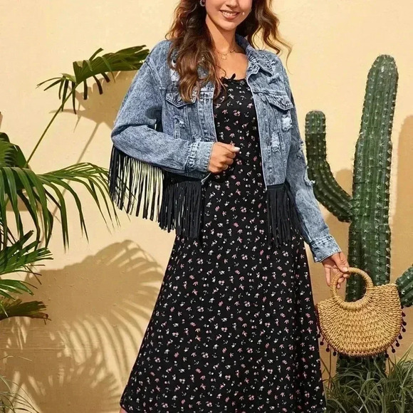 . Jackets & Blazers - Multicolor Casual Womens Fringe Trim Denim Jacket